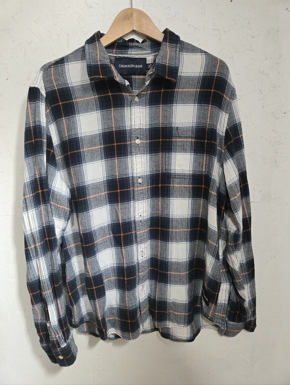 Calvin Klein Jeans Navy, White & Orange Plaid Button-Down Shirt